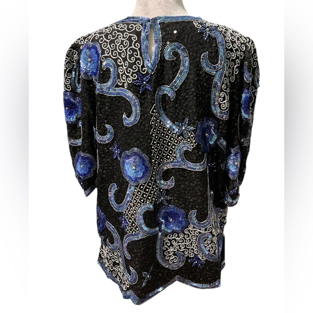 Elegant 100% pure silk Black and Blue Women's Top size M - Picture 8 of 9